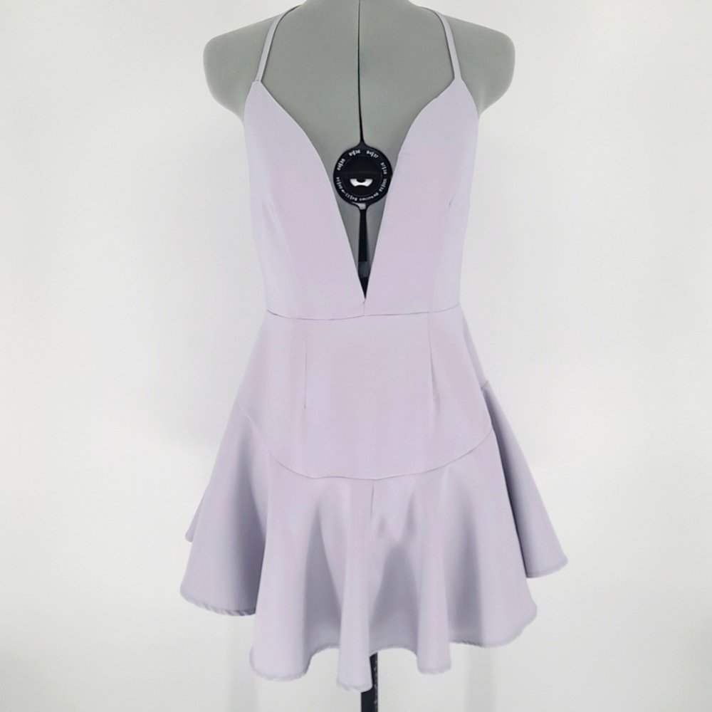 Mika & Gala Light Grey Deep V Neck Dress W/ Flounce Hem